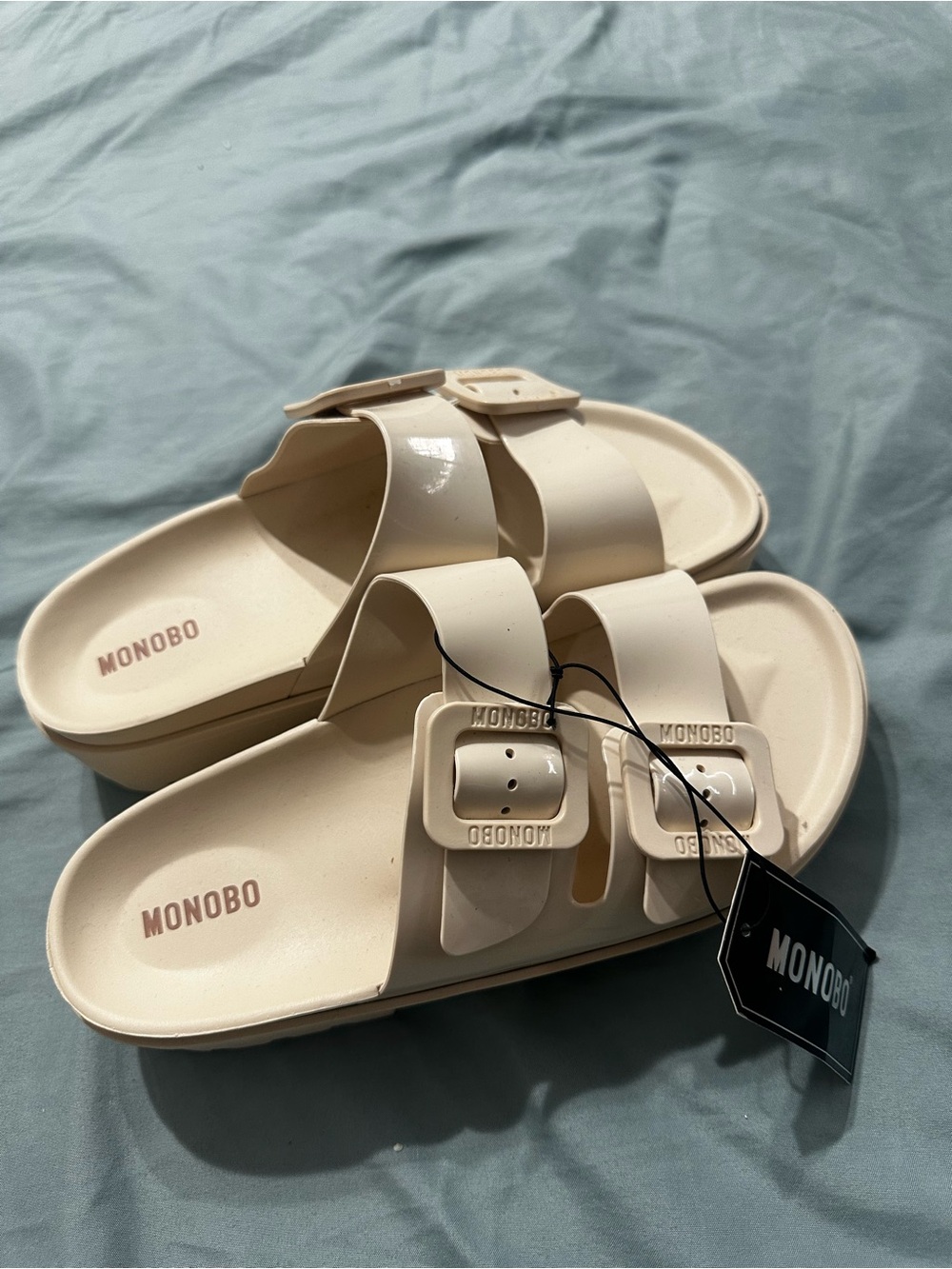 Monobo Women's Cream Slide Sandals with Buckle Straps